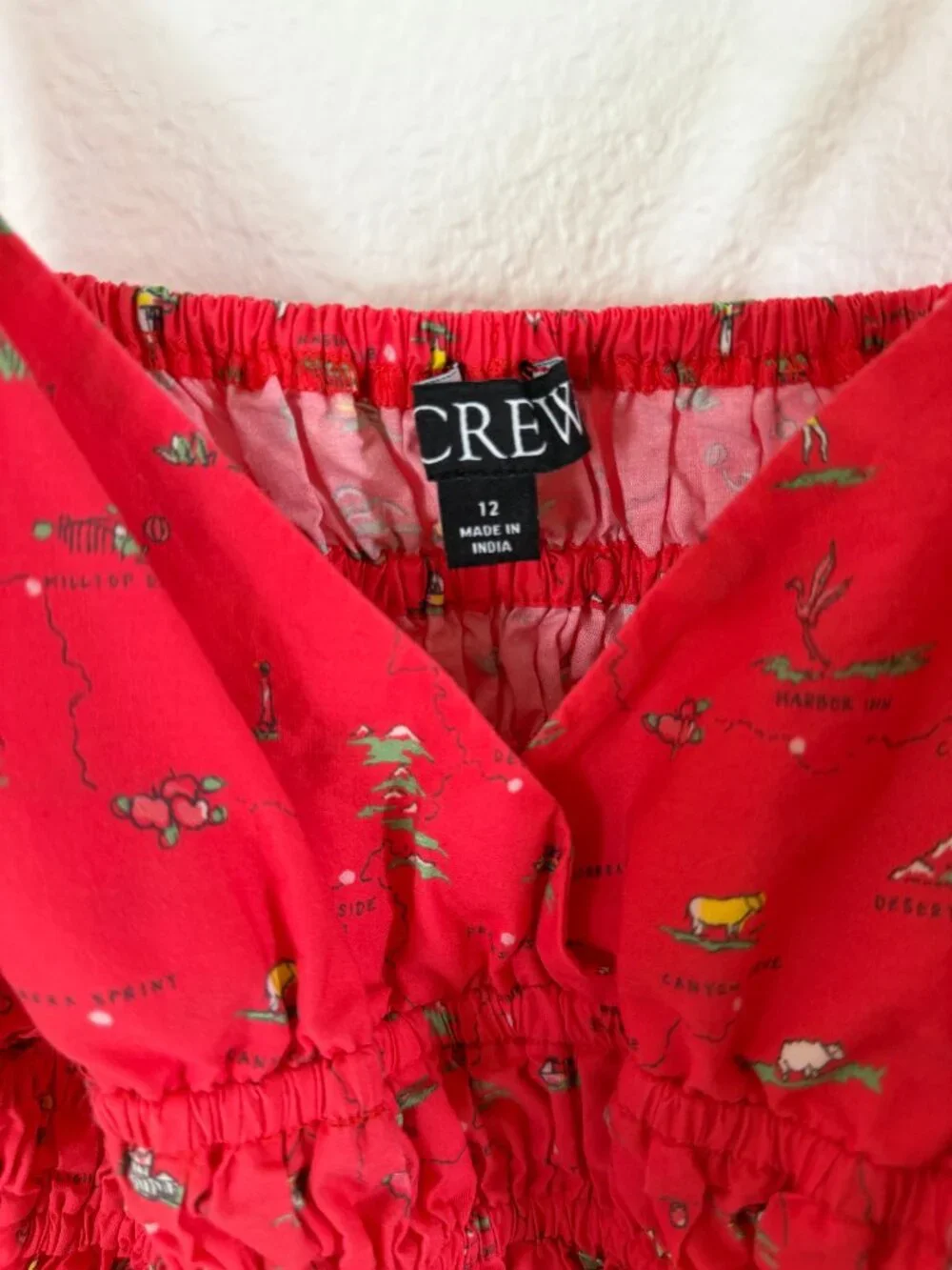 J. Crew Smocked-Waist V-Neck Dress in Red California Poppy Map Print Size 12